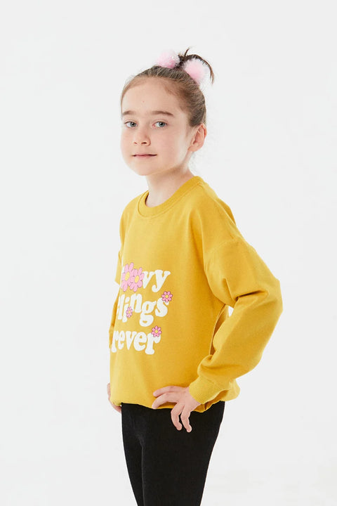 SD Moda Girl's Mustard Printed Crew Neck Sweatshirt 178683