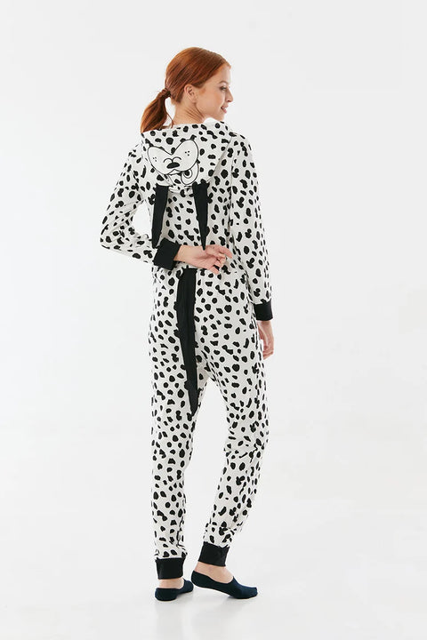 SD Moda Women's White & Black Dalmatian Patterned Hooded Jumpsuit 179272(yz74)