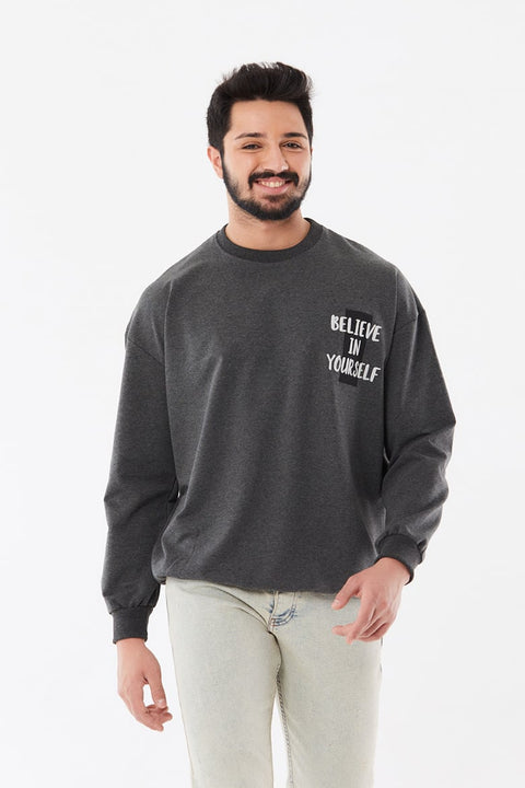SD Moda Men's Gray Printed Crew Neck Oversize Sweatshirt 179729