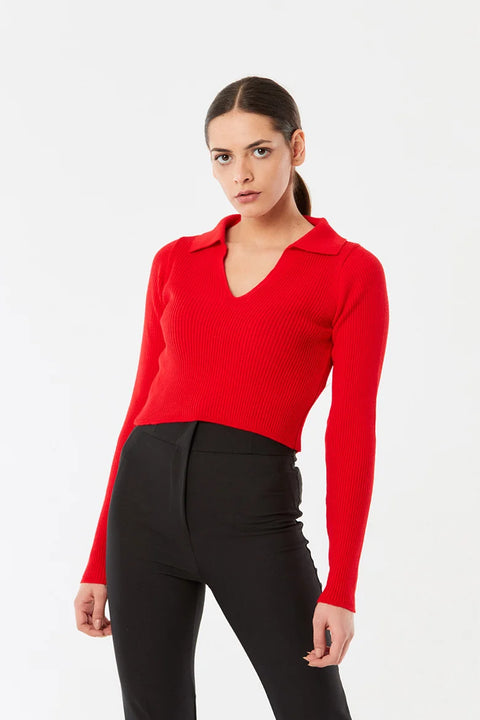 SD Moda Women's Red Polo Neck Corduroy Knitwear Sweater 177470 shr