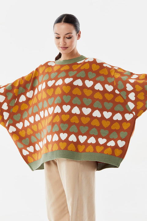 SD Moda Women's Camel Heart Patterned Loose Knitwear Sweater 177114(od3)