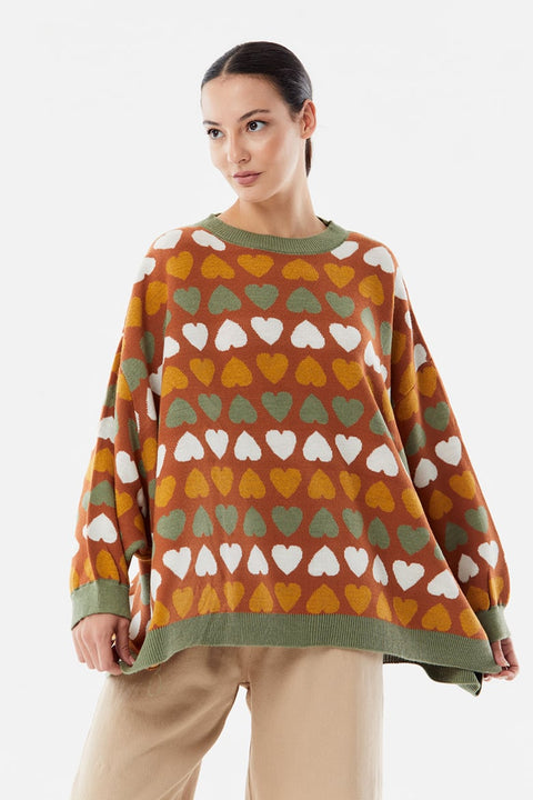 SD Moda Women's Camel Heart Patterned Loose Knitwear Sweater 177114(od3)