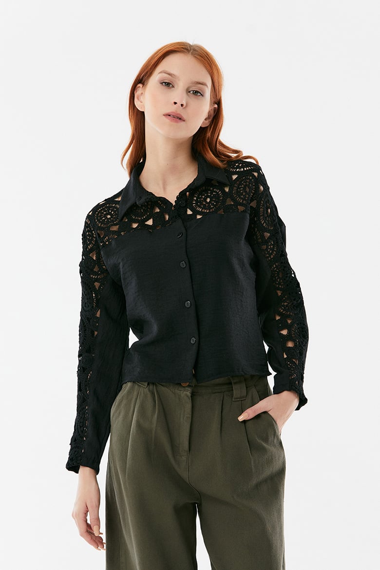 SD Moda Women's Black Lace Detailed Low Sleeve Short Shirt 178010