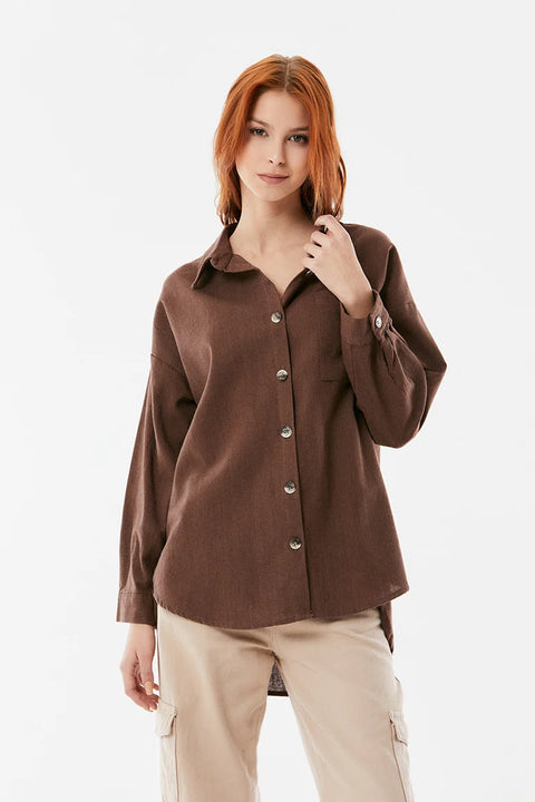 SD Moda Women's Coffee Single Pocket Loose Linen Shirt 177593 od16