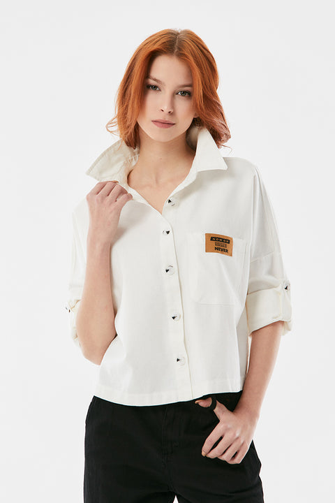SD Moda Women's Ecru Pocket Crest Coated Sleeve Gabardine Shirt 180209(shr)