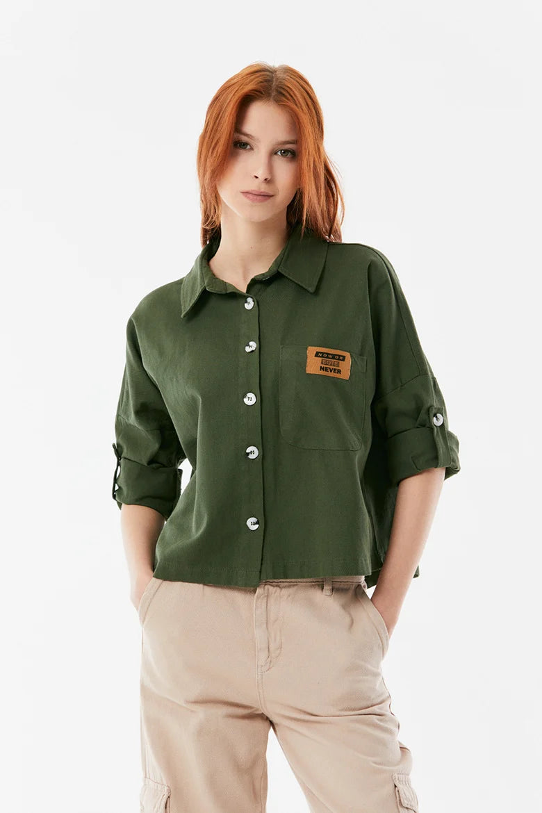 SD Moda Women's Khaki Pocket Crest Coated Sleeve Gabardine Shirt 180209(SHR)