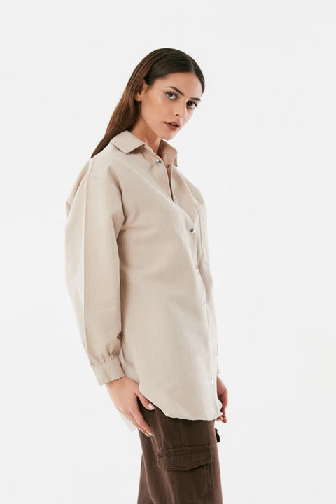 SD Moda Women's Beige Single Pocket Oversized Linen Shirt with Snap Snaps 179397 (shr)(AA65)