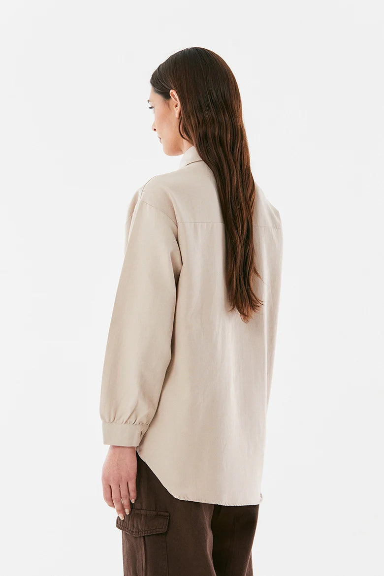 SD Moda Women's Beige Single Pocket Oversized Linen Shirt with Snap Snaps 179397 (shr)