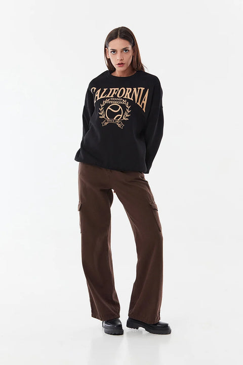 SD Moda  Women's Black California Printed Crew Neck Oversize Sweatshirt 176573 (FL223)
