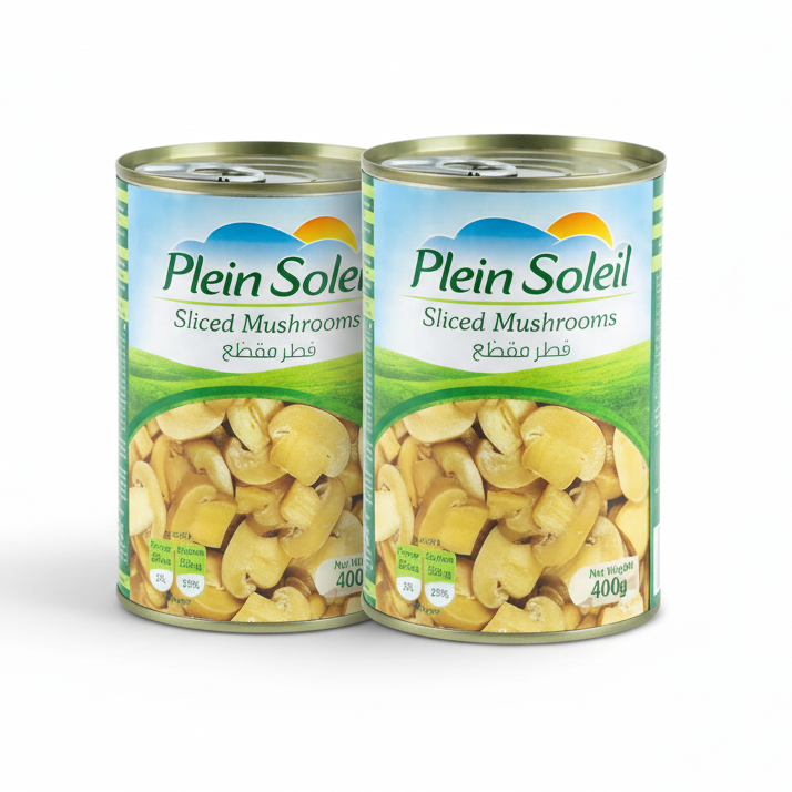 Two cans of Plein Soleil Sliced Mushrooms, each labeled 400g, with the product visible through the clear section of the cans.
