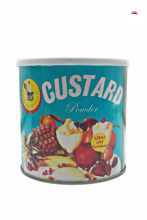A can of Kondor Custard Powder, 300g size, with a blue label featuring an illustration of fruits and a cartoon of a custard powder container.