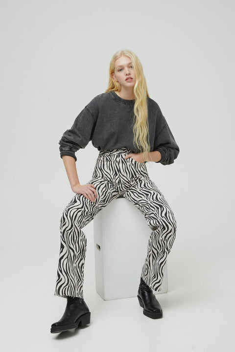 Pull & Bear Women's Black & White Zebra Print Straight Pants 9678/328/037