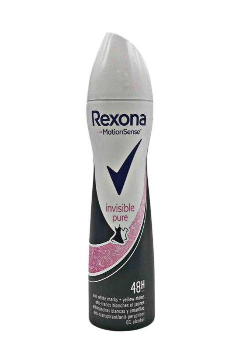 A bottle of Rexona Motion Sense Invisible Pure deodorant, 200ml size, primarily white with pink accents and text indicating 48 hours antiperspirant.