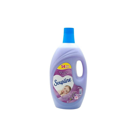 A bottle of Soupline Lavender Fabric Softener, 4 liters size, with a blue cap and a label featuring the brand name and the scent.
