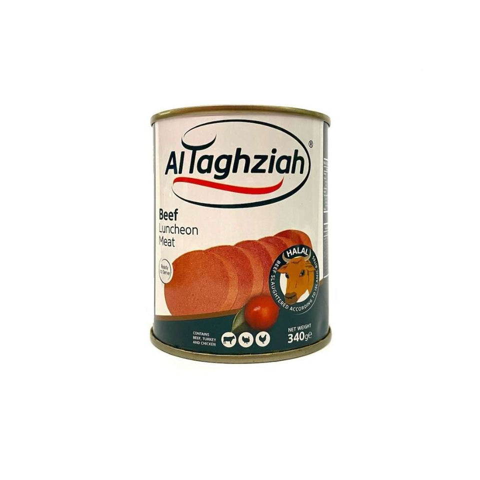 A can of Al Taghziah Beef Luncheon Meat 340g featuring the product name, an image of the luncheon meat, and the brand logo.