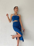 My Dukkan Women's Sax Blue Waist Cross Slit Knitwear Suit MYD9502