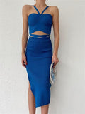 My Dukkan Women's Sax Blue Waist Cross Slit Knitwear Suit MYD9502