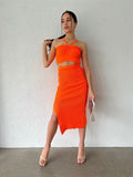 My Dukkan Women's Orange Waist Cross Slit Knitwear Suit MYD9502