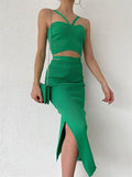 My Dukkan Women's Green Waist Cross Slit Knitwear Suit MYD9502