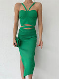 My Dukkan Women's Green Waist Cross Slit Knitwear Suit MYD9502