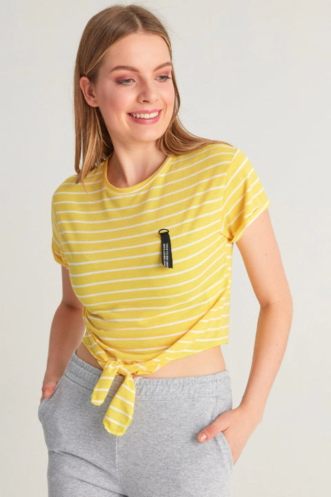 Fulla Moda Women's Yellow Striped Belt Top T-Shirt 140509