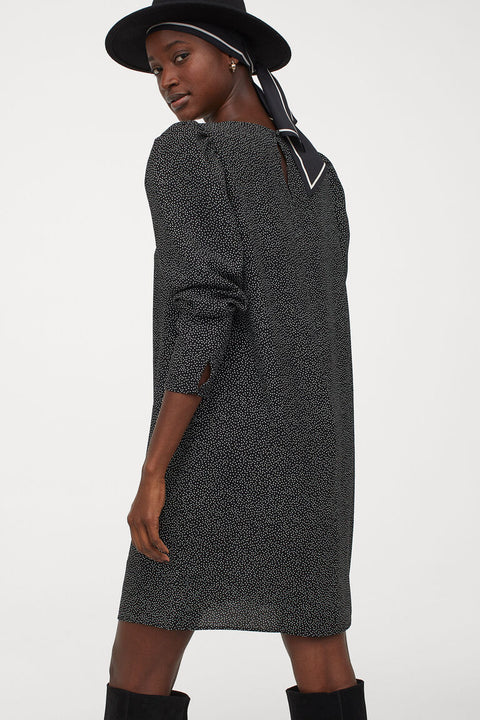 H&M Women's Black & White Patterned Puff-sleeved Dress 0915625003 (shr) (sr15)