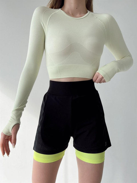 My Dukkan Women's Black-Neon Yellow Mesh Detail Tights Sports Shorts MYD1855