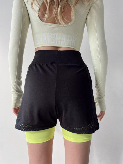 My Dukkan Women's Black-Neon Yellow Mesh Detail Tights Sports Shorts MYD1855