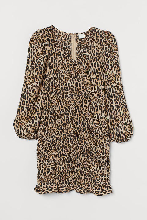 H&M Women's Light Beige/Leopard Print Gathered Satin Dress 0931836001