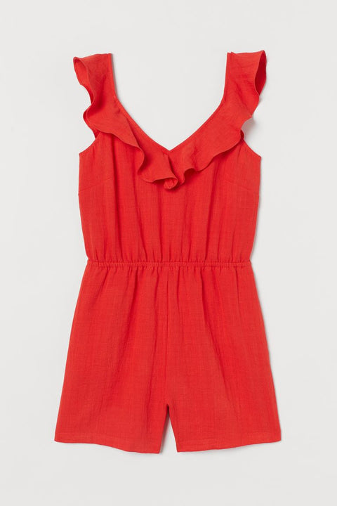 H&M Women's Red Flounce-trimmed Playsuit 0851363002(AA57)