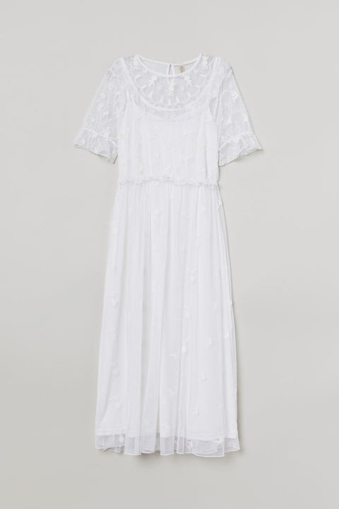 H&M  Women's White Embroidered dress in mesh 0886792001