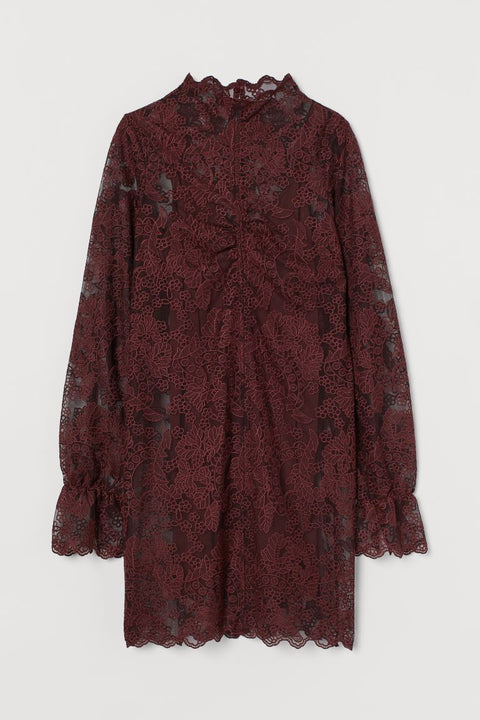 H&M Women's Burgundy Lace Stand-up Collar Dress 0921755002 (shr)