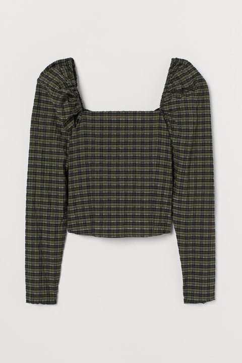 H&M Women's Dark Khaki Green Crinkled Puff-sleeved Blouse 0926812002(shr)