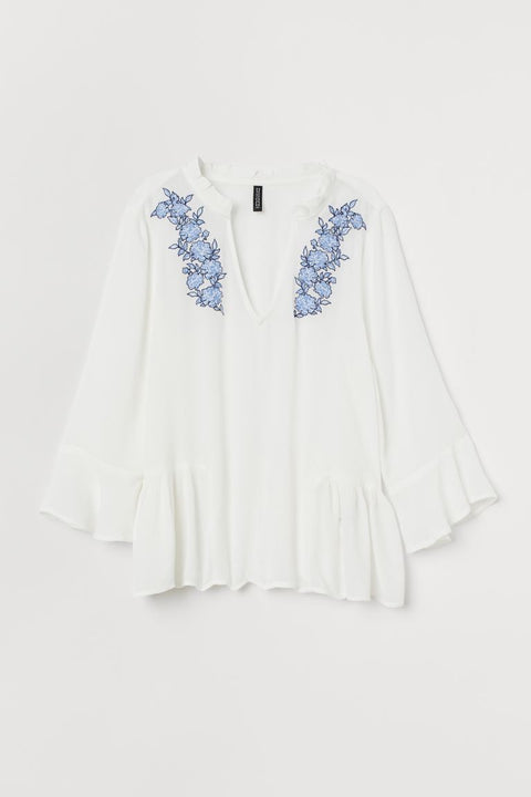 H&M Women's White & Blue Blouse with Embroidery 0723368001 (SHR)
