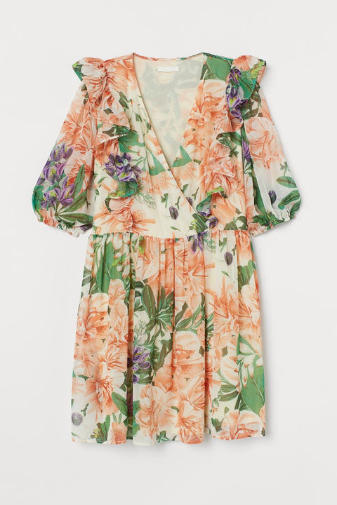 H&M Women's Cream/Large flowers Flounce-trimmed Dress 0871492001