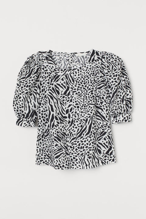 H&M Women's White/Black patterned Puff-sleeved Blouse 0894141006(fl129)
