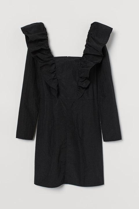 H&M Women's Black Flounce-trimmed Dress 0928276005 (FL57)