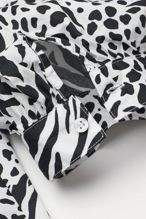 H&M Women's White/Black patterned Puff-sleeved Blouse 0894141006(fl129)