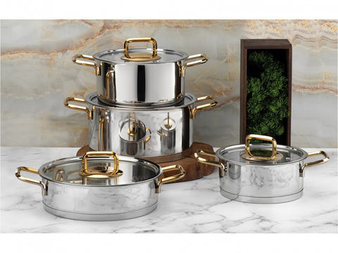 SD Home 8 Piece Steel Cookware Set Gold With Induction Base TAC-4724