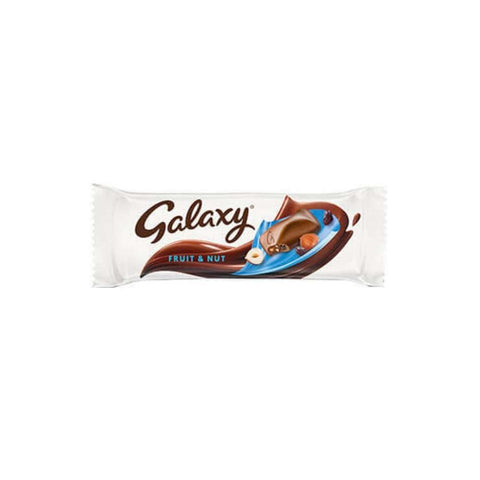 A wrapped Galaxy chocolate bar with fruit and nut pieces visible through the transparent chocolate.